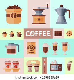 Coffee beans and equipment banner vector illustration. Cappuccino, espresso and mocha drinks to go. Coffeemachine with cups for hot beverages with caffeine banner