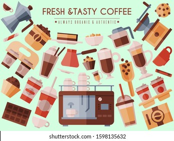 Coffee beans and equipment banner vector illustration. Cappuccino, espresso and mocha drinks to go. Coffeemachine with cups for hot beverages with caffeine banner