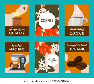 Coffee beans and equipment set of cards vector illustration. Morning coffee. Organic coffee. Always fresh and natural. Barista equipment such as espresso,coffee beans coffee pot.