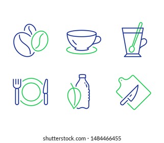 Coffee beans, Espresso and Water bottle line icons set. Tea mug, Restaurant food and Cutting board signs. Roasted seeds, Coffee cup, Mint leaf drink. Cup with teaspoon. Food and drink set. Vector