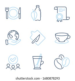 Coffee beans, Espresso and Water bottle line icons set. Diploma certificate, save planet, group of people. Tea mug, Restaurant food and Cutting board signs. Vector