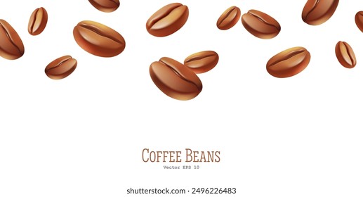 Coffee beans falling, 3D. Realistic coffee beans falling to the bottom. For coffee, coffee drink and product design concepts. Template on a white background. Vector illustration.