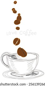 coffee beans falling in cup freehand sketch design for symbol sign or card on white color.