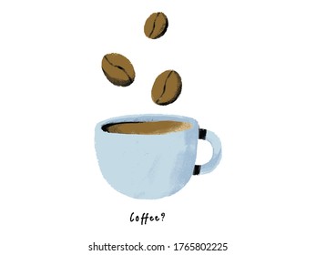 Coffee beans falling into blue coffee cup. Illustration for coffee shop, café, morning, caffeine drink, beverage, hot coffee. Flat vector illustration.