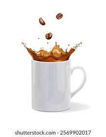 Coffee beans falling into ceramic white mug or cup with hot coffee splash. Coffee cup 3D realistic vector illustration.