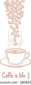 Coffee beans falling into cup, coffee is life phrase, beverage