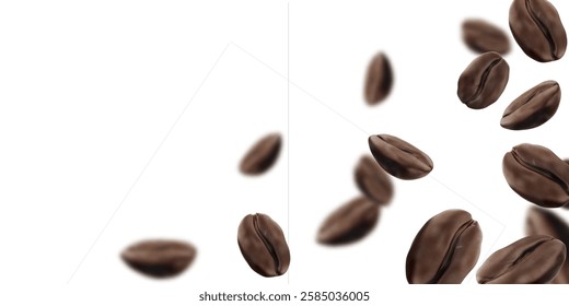 Coffee beans falling on white background. Vector realistic illustration of roasted dark brown seeds flying, restaurant or cafe breakfast menu background, espresso aroma, gourmet beverage ingredient