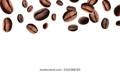Coffee beans falling Vector illustration 3D Realistic coffee beans falling  For coffee, coffee drink and product design concepts. Template on a white background Mesh gradient wes used
