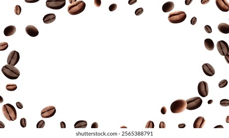 Coffee beans falling Vector illustration 3D Realistic coffee beans falling  For coffee, coffee drink and product design concepts. Template on a white background Mesh gradient wes used
