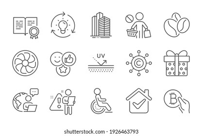 Kaffeebohnen, Fan-Motor und Uv-Schutzlinie-Symbole. Beenden Sie den Einkauf, das Zertifikat und die Behindertenzeichen. Symbole für das Kopiernetz, für Idea und Geschenkbox. Zeilensymbole gesetzt. Vektorgrafik