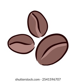 Grãos de café em design plano. Grãos de arábica castanho assado para bebida de aroma. Ilustração vetorial isolada.