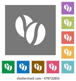 Coffee beans flat icon set on color square background.