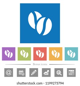 Coffee beans flat white icons in square backgrounds. 6 bonus icons included.