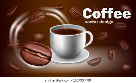 Coffee beans floating in the air and coffee cup,vector 3d on brown background for food and drink advertising concept design