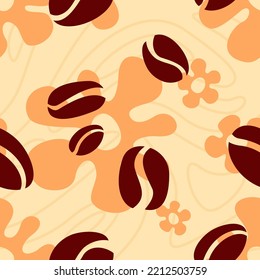 Coffee Beans and Flowers Seamless Pattern. Colorful surface background design. Vector flat illustration.