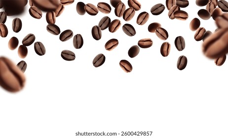 Coffee beans flying background. Black espresso grain falling on white. Rustic coffee bean fall isolated. energy, freshness.Mesh gradient wes used