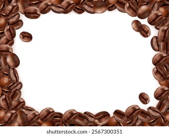 Coffee beans frame. Caffeine grains close-up borders, espresso roast bean seed frames corner freshness aroma drink, barista cafe shop realistic background exact vector illustration original artwork