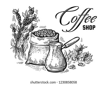 coffee beans in full bag and coffeepot in graphic style vector illustration
