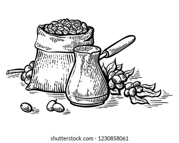 coffee beans in full bag and coffeepot in graphic style vector illustration