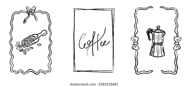 Coffee beans and gas espresso coffee maker in ribbon frames drawing in black brush stroke texture isolated on white. Hand drawn vector sketch illustration in vintage charcoal ink. Poster design