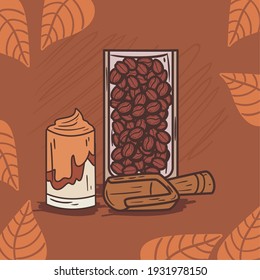 coffee beans glass and leaves