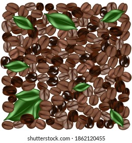 Coffee beans with green leaves on a white background. Vector illustration. Isolated.