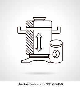 Coffee beans grinder and box with coffee. Flat line style vector icon. Coffee making equipment. Elements of web design for business.