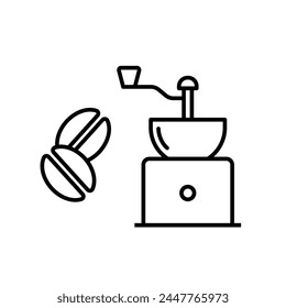 Coffee beans and grinder icon. Black color outline icon on white background.