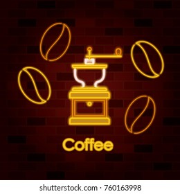 coffee beans and coffee grinder on neon sign on brick wall