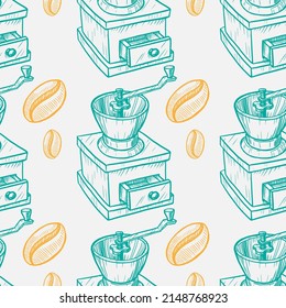 coffee beans and grinder vector seamless pattern