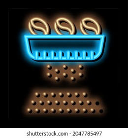 granos de café que grinan el vector del signo de la luz del neón. Icono brillante señal de café con grano de café. ilustración de símbolo transparente