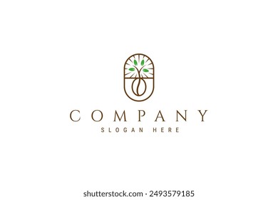 coffee beans growing in oval design frame with line art design logo concept