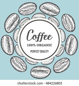 Coffee beans Hand hand drawn botany vector banner illustration. Organic Coffee Decorative doodle of caffeine food. Engraving sketch etch line. Black on turquoise background.