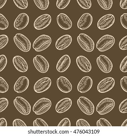 Coffee beans hand drawn sketch seamless vector pattern. For templates, web, design, invitations, banners. Brown background.