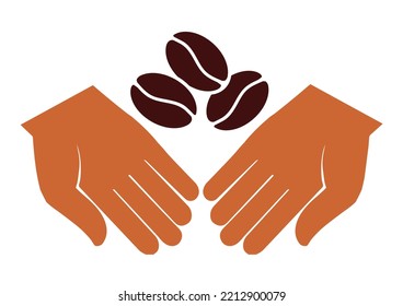Coffee beans in the hands. View from above. Vector illustration of a line on a white background. Organic harvest, aromatic drink, farm, agricultural products. A set of grains. Graphic card.