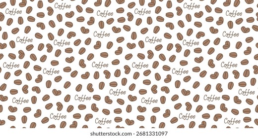 Kaffeebohnen, Herzform. Nahtloses Muster. Schrift, Zeichen. Internationaler Kaffeetag. Vektorgrafiken. Wiederholter Hintergrund, Hintergrundbilder.