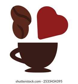 Сup, coffee beans, and a heart symbol in solid cartoon style. Coffee-themed event, a cafe menu element, a coffee shop. Latte, Espresso, Americano, Cappuccino, Flat, Mocha, Irish, Turkish Coffee Symbol