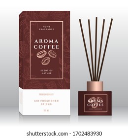 Coffee Beans Home Fragrance Sticks Abstract Vector Label Box Template. Hand Drawn Sketch Flowers, Leaves Background. Retro Typography. Room Perfume Packaging Design Layout. Realistic Mockup. Isolated.