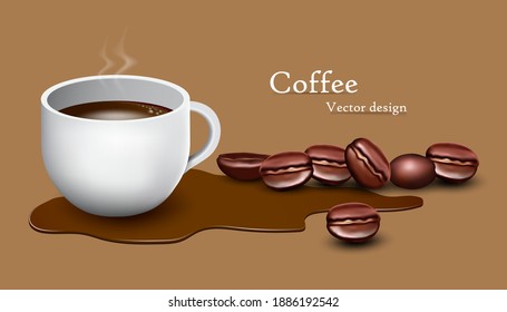Coffee beans and hot coffee in cup on brown background for coffee advertising concept design,vector 3d isolated for design 