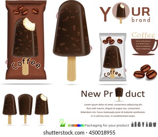 coffee beans , ice cream with packaging design.Plastic Pack Template for your design and branding. Vector