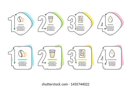 Coffee beans, Ice tea and Coffee vending icons simple set. Hot water sign. Whole bean, Soda beverage, Aqua drop. Food and drink set. Infographic timeline. Line coffee beans icon. 4 options or steps