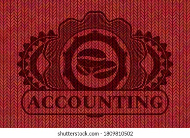 coffee beans icon and Accounting text Red wool badge. Cloth fancy background. Vector illustration. 