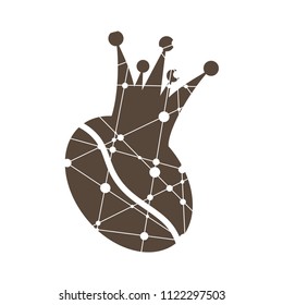 Coffee beans icon. Branding emblem with crown of queen. Silhouette textured by lines and dots pattern
