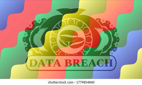 ícono de granos de café y texto de violación de datos Colorido caramelo multicolor insignia realista. Fondo clásico curvado. Ilustración vectorial. 