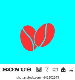 Coffee beans icon flat. Red pictogram on blue background. Vector illustration symbol and bonus buttons Music center, corkscrew, credit card, house, drum