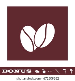 Coffee beans icon flat. White pictogram on brown background. Vector illustration symbol and bonus icons