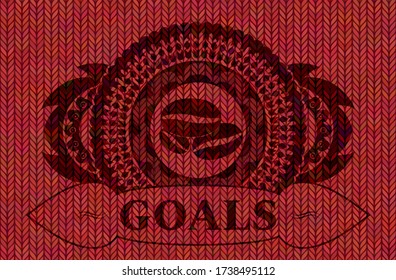 coffee beans icon and Goals text Red color woolen fabric emblem. Cloth fashionable background. Intense illustration. 