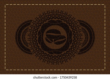 coffee beans icon inside brown leather realistic emblem. Wallet exquisite background. Intense illustration. 