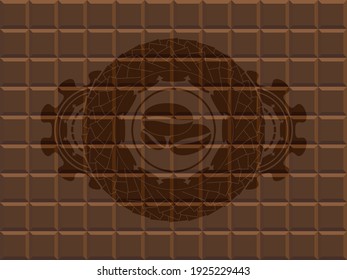coffee beans icon inside chocolate bar realistic emblem. Brown fashionable background. Intense illustration. 