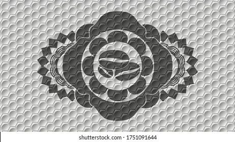 coffee beans icon inside grey shiny style pattern realistic badge. Trendy delicate background. Illustration. 